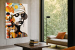 Woman's portrait with geometric circles and drip lines in amber, teal and red-orange, mixed-media wall art for living room