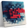 Pixelated heart mosaic in vivid red and blue digital glitch art, bold abstract canvas for living room or home office
