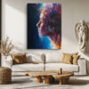 Female profile portrait dissolving into bold crimson, cobalt and violet abstract paint strokes, dramatic dark canvas wall art