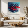 Pixelated heart mosaic in vivid red and blue digital glitch art, bold abstract canvas for living room or home office