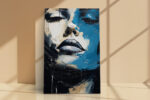 Female portrait split in cerulean blue and cream, dramatic paint drips, expressive acrylic canvas art for living room