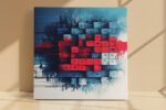Pixelated heart mosaic in vivid red and blue digital glitch art, bold abstract canvas for living room or home office