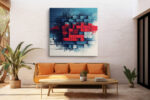 Pixelated heart mosaic in vivid red and blue digital glitch art, bold abstract canvas for living room or home office
