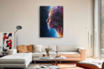 Female profile portrait dissolving into bold crimson, cobalt and violet abstract paint strokes, dramatic dark canvas wall art