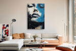 Female portrait split in cerulean blue and cream, dramatic paint drips, expressive acrylic canvas art for living room