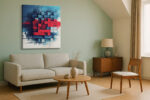 Pixelated heart mosaic in vivid red and blue digital glitch art, bold abstract canvas for living room or home office