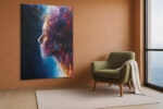 Female profile portrait dissolving into bold crimson, cobalt and violet abstract paint strokes, dramatic dark canvas wall art