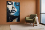 Female portrait split in cerulean blue and cream, dramatic paint drips, expressive acrylic canvas art for living room