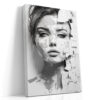 Fragmented woman's face in monochrome grey tones, mixed-media portrait canvas art for contemporary living room or home office