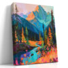 Mountain valley with wildflowers and winding river in teal, orange and violet, bold acrylic wall art canvas for living room