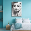 Fragmented woman's face in monochrome grey tones, mixed-media portrait canvas art for contemporary living room or home office