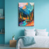 Mountain valley with wildflowers and winding river in teal, orange and violet, bold acrylic wall art canvas for living room