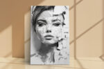 Fragmented woman's face in monochrome grey tones, mixed-media portrait canvas art for contemporary living room or home office