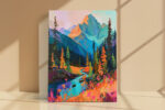Mountain valley with wildflowers and winding river in teal, orange and violet, bold acrylic wall art canvas for living room