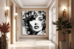 Woman's face with geometric shards and ink splatter in black and white, bold mixed-media portrait canvas wall art