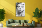 Fragmented woman's face in monochrome grey tones, mixed-media portrait canvas art for contemporary living room or home office