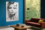 Fragmented woman's face in monochrome grey tones, mixed-media portrait canvas art for contemporary living room or home office