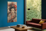 East Asian empress with dragon headdress and red peonies, crimson and charcoal digital art portrait canvas print