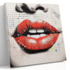 Close-up painted lips and halftone dots in vivid red and near-black, bold pop-art mixed-media canvas for living room