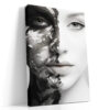 Split female portrait in black and white, cracked paint meets smooth skin, dramatic digital art canvas for a living room
