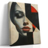 Close-cropped female portrait bisected by geometric shapes in near-black, red and off-white, contemporary wall art canvas