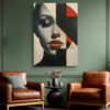Close-cropped female portrait bisected by geometric shapes in near-black, red and off-white, contemporary wall art canvas