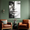 Split female portrait in black and white, cracked paint meets smooth skin, dramatic digital art canvas for a living room