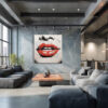 Close-up painted lips and halftone dots in vivid red and near-black, bold pop-art mixed-media canvas for living room
