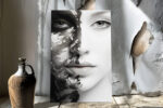 Split female portrait in black and white, cracked paint meets smooth skin, dramatic digital art canvas for a living room