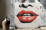 Close-up painted lips and halftone dots in vivid red and near-black, bold pop-art mixed-media canvas for living room
