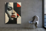 Close-cropped female portrait bisected by geometric shapes in near-black, red and off-white, contemporary wall art canvas