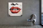 Close-up painted lips and halftone dots in vivid red and near-black, bold pop-art mixed-media canvas for living room