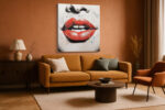 Close-up painted lips and halftone dots in vivid red and near-black, bold pop-art mixed-media canvas for living room