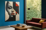 Close-cropped female portrait bisected by geometric shapes in near-black, red and off-white, contemporary wall art canvas