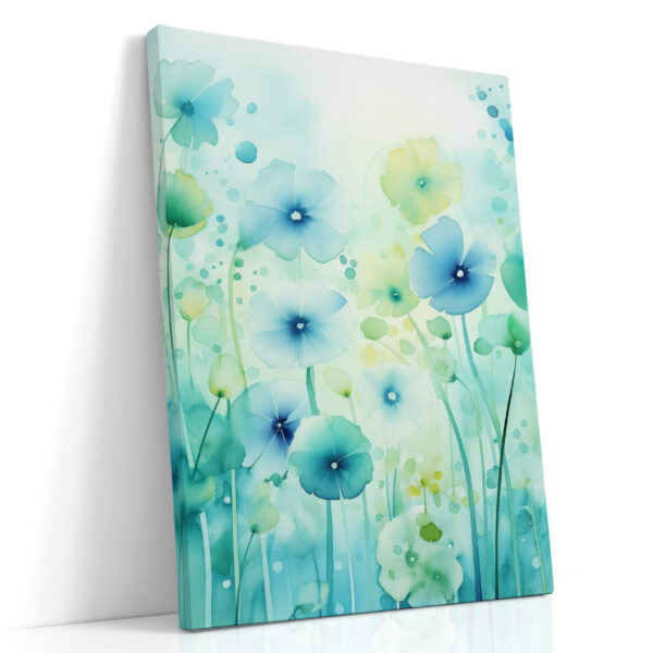 Soft Bloom in Teal Rain — Floral Watercolor Canvas Print