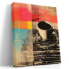 Silkscreen coffee cup over pop art color-block collage in coral red, sky blue and amber, bold mixed-media canvas