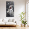 Woman in white kimono with crimson cello and white crane by waterfall, japandi portrait wall art canvas for bedroom