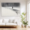 Lone silhouetted figure with long shadow in monochrome watercolor, moody minimalist canvas art for bedroom or home office