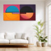 Two bisected circles on a color-block background in vivid orange, teal and deep purple u2014 bold geometric abstract wall art