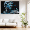 Fragmenting Greco-Roman bust in cerulean blue and black, dramatic digital art canvas for living room or home office