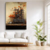 Antique industrial machine with vivid orange flowers and bare branches, warm earthy tones, eclectic wall art canvas print