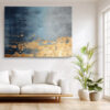 Abstract navy and gold leaf texture with horizontal brushstroke bands, bold mixed-media canvas wall art for living room