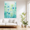 Translucent watercolor flowers on teal stems with paint splatters, pastel botanical wall art for bedroom or living room