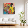 Woman in yellow blazer, mixed-media collage portrait with vivid orange, pink and blue, contemporary wall art canvas