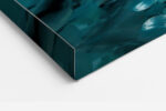 Close-up woman's face with teal sculptural material, deep teal and peach digital art portrait canvas for bedroom