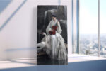 Woman in white kimono with crimson cello and white crane by waterfall, japandi portrait wall art canvas for bedroom