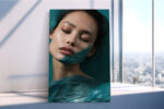 Close-up woman's face with teal sculptural material, deep teal and peach digital art portrait canvas for bedroom