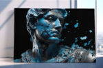 Fragmenting Greco-Roman bust in cerulean blue and black, dramatic digital art canvas for living room or home office