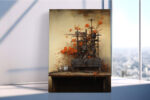 Antique industrial machine with vivid orange flowers and bare branches, warm earthy tones, eclectic wall art canvas print
