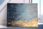 Abstract navy and gold leaf texture with horizontal brushstroke bands, bold mixed-media canvas wall art for living room